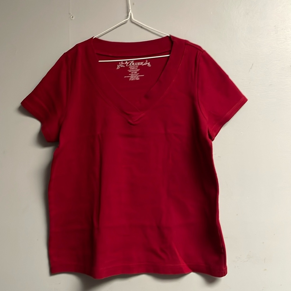 LA Blues Red Cotton “Perfect Fit” Stretch Overlap V Neck Top | Size 14/1…